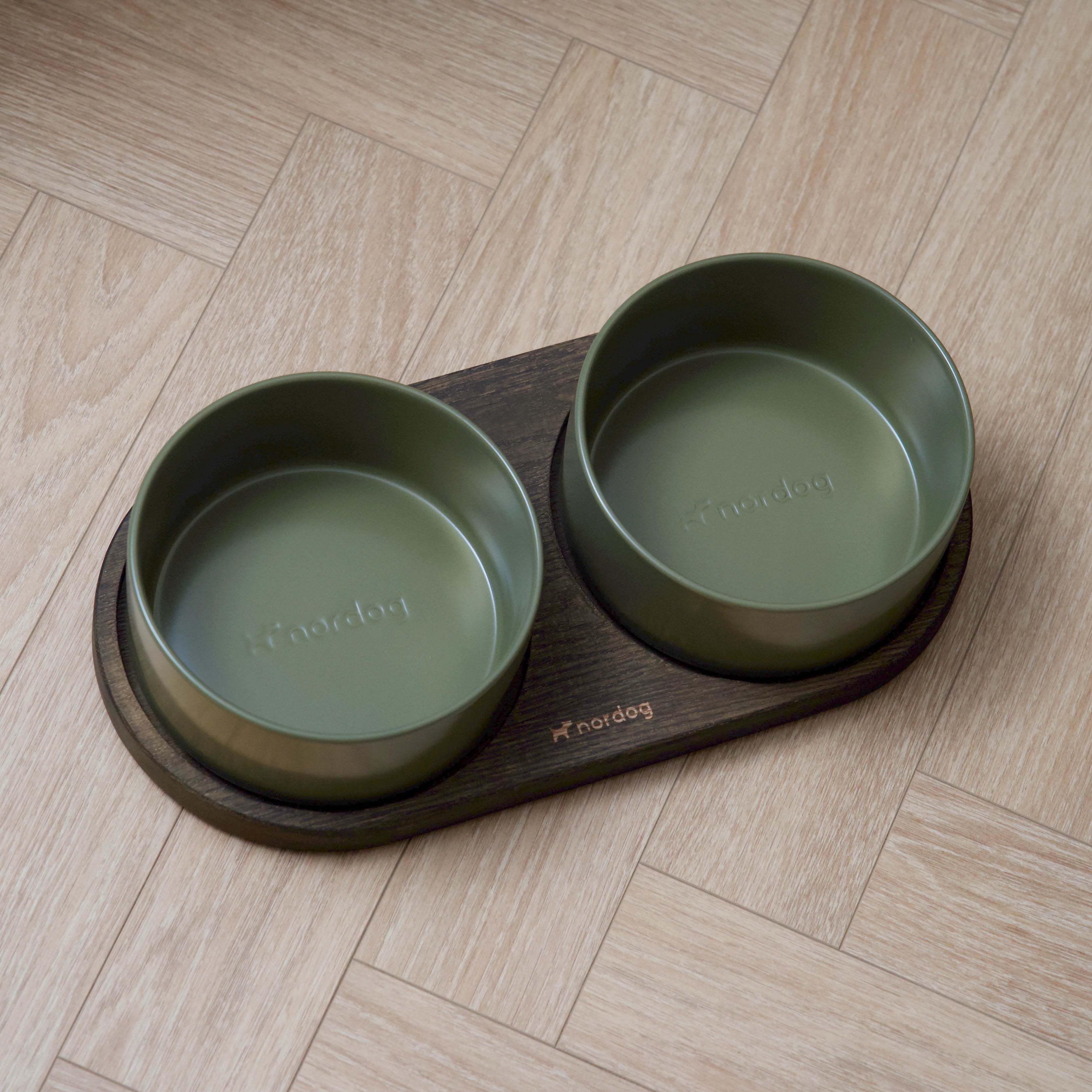 Barcelona Double Dog Bowl - smoked oak, green